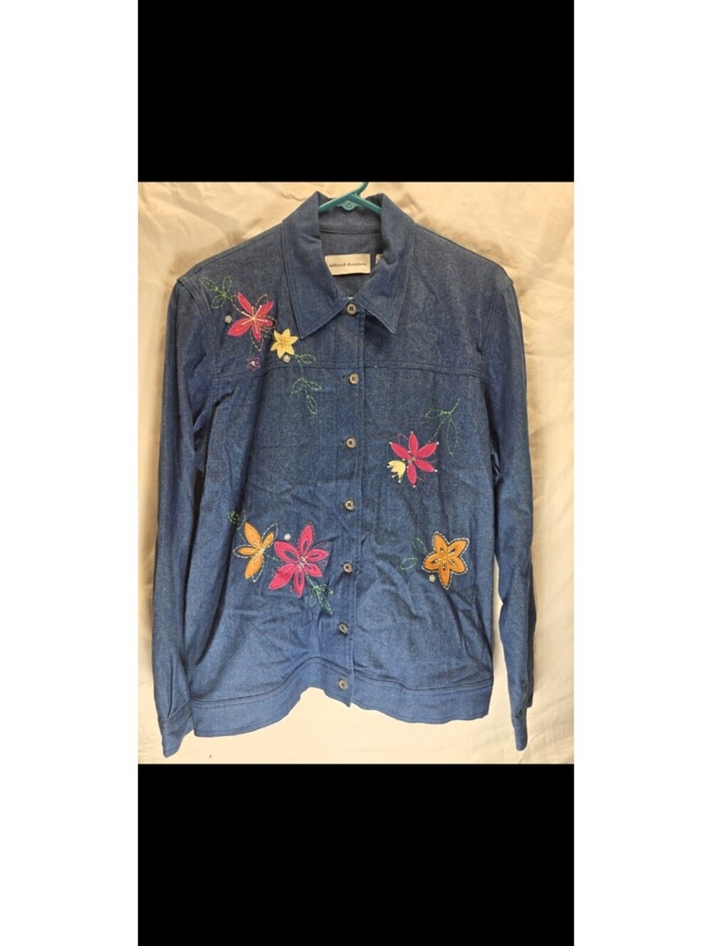Alfred Dunner Womens 10 Floral Embroidered Stretch Denim Jacket Shirt Blue